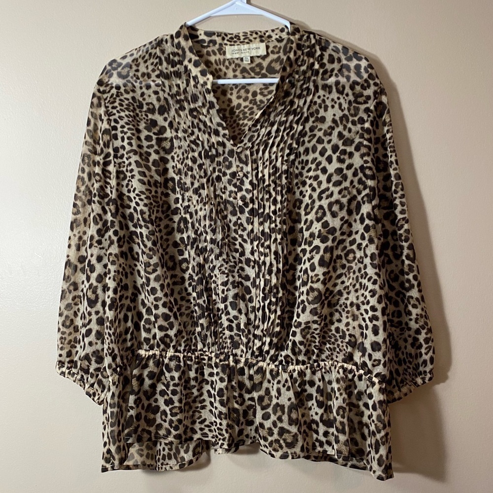 Jones New York Sports Petite Sheer Long Sleeve Blouse Cheetah Women’s XLP